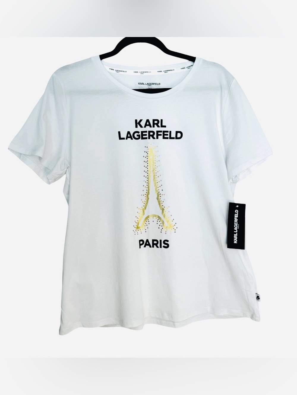 Karl Lagerfeld White Tee with Gold Eiffel Graphic Large NWT